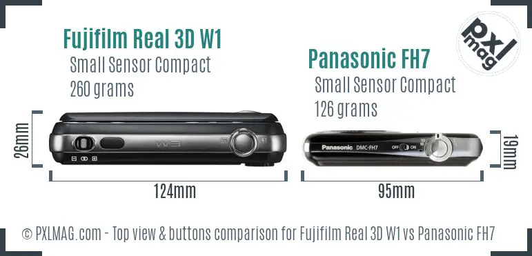 Fujifilm Real 3D W1 vs Panasonic FH7 top view buttons comparison Fujifilm Real 3D W1 vs Panasonic FH7 top view buttons comparison