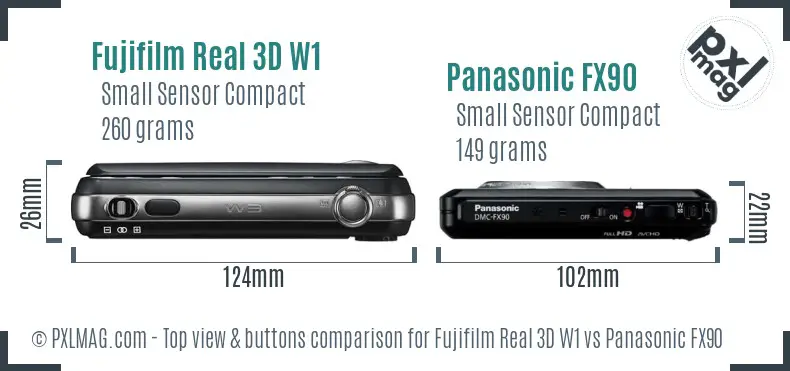 Fujifilm Real 3D W1 vs Panasonic FX90 top view buttons comparison