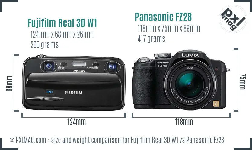 Fujifilm Real 3D W1 vs Panasonic FZ28 size comparison