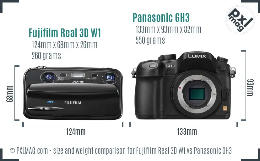 Fujifilm Real 3D W1 vs Panasonic GH3 size comparison