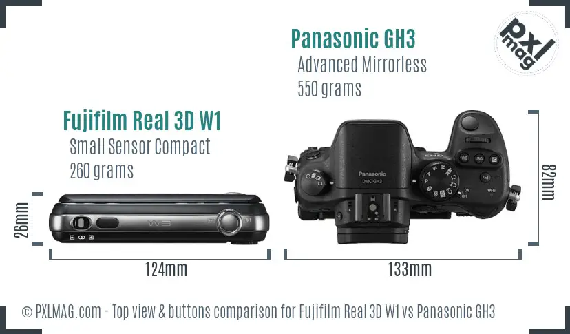 Fujifilm Real 3D W1 vs Panasonic GH3 top view buttons comparison