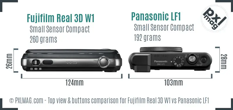 Fujifilm Real 3D W1 vs Panasonic LF1 top view buttons comparison Fujifilm Real 3D W1 vs Panasonic LF1 top view buttons comparison