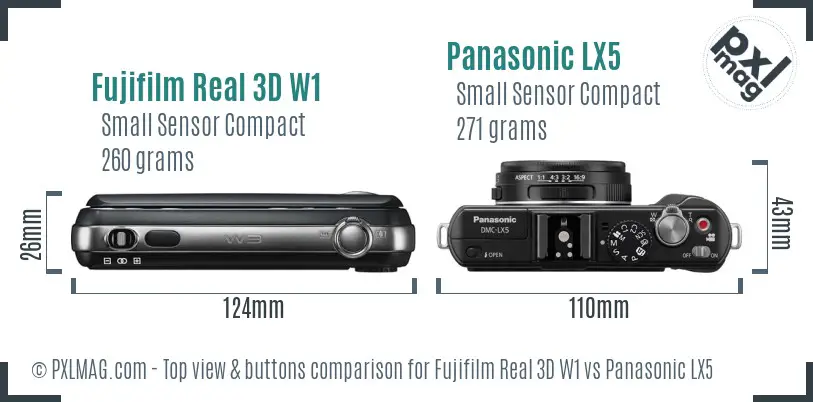 Fujifilm Real 3D W1 vs Panasonic LX5 top view buttons comparison