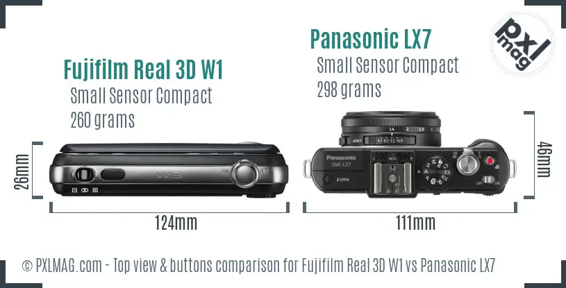 Fujifilm Real 3D W1 vs Panasonic LX7 top view buttons comparison
