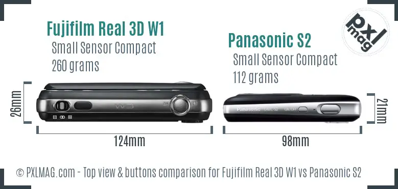 Fujifilm Real 3D W1 vs Panasonic S2 top view buttons comparison Fujifilm Real 3D W1 vs Panasonic S2 top view buttons comparison