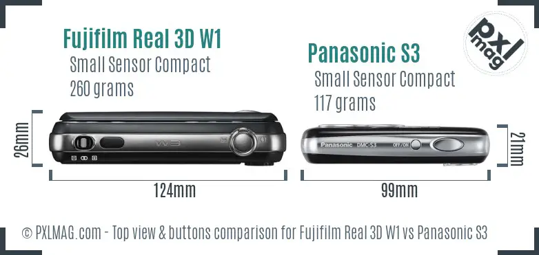 Fujifilm Real 3D W1 vs Panasonic S3 top view buttons comparison Fujifilm Real 3D W1 vs Panasonic S3 top view buttons comparison