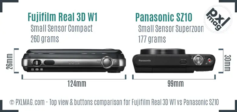 Fujifilm Real 3D W1 vs Panasonic SZ10 top view buttons comparison
