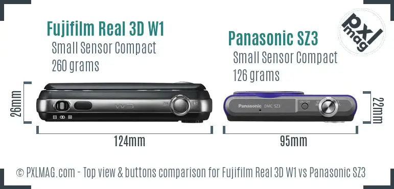 Fujifilm Real 3D W1 vs Panasonic SZ3 top view buttons comparison