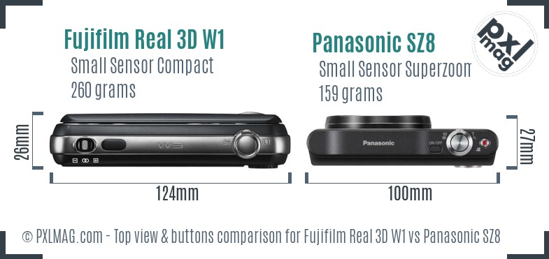Fujifilm Real 3D W1 vs Panasonic SZ8 top view buttons comparison