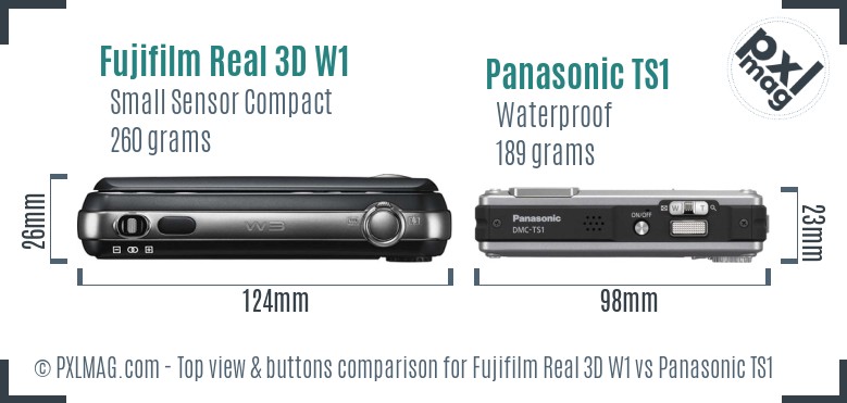 Fujifilm Real 3D W1 vs Panasonic TS1 top view buttons comparison