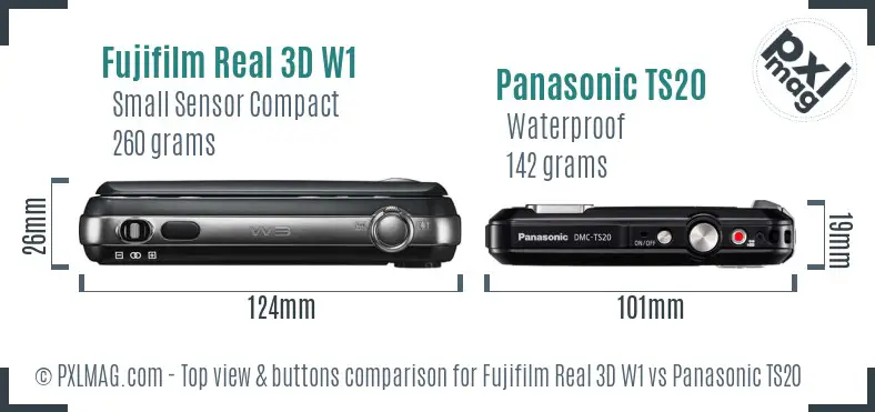 Fujifilm Real 3D W1 vs Panasonic TS20 top view buttons comparison