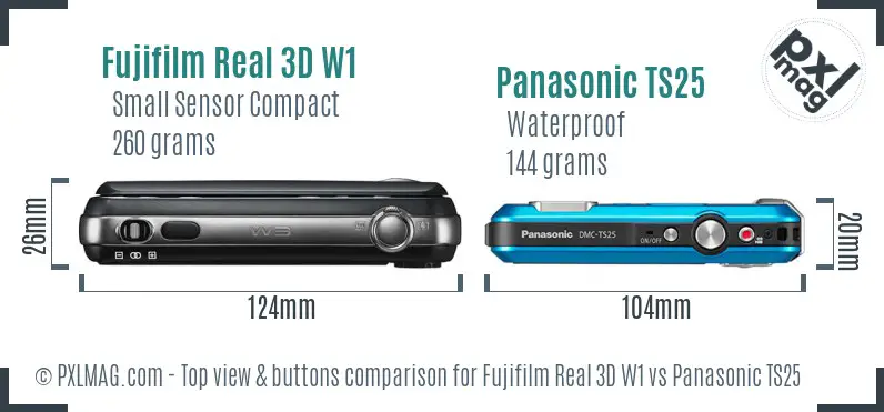 Fujifilm Real 3D W1 vs Panasonic TS25 top view buttons comparison