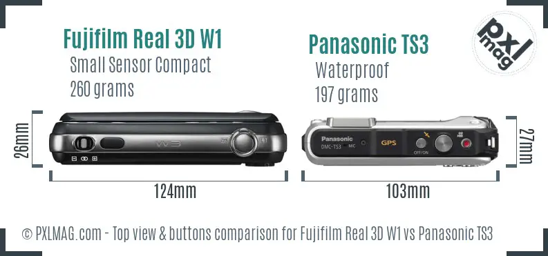 Fujifilm Real 3D W1 vs Panasonic TS3 top view buttons comparison Fujifilm Real 3D W1 vs Panasonic TS3 top view buttons comparison