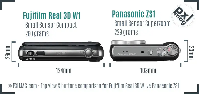 Fujifilm Real 3D W1 vs Panasonic ZS1 top view buttons comparison