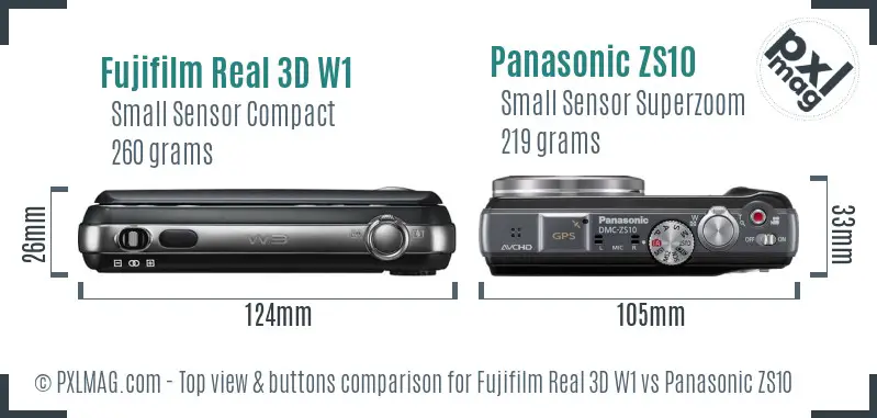 Fujifilm Real 3D W1 vs Panasonic ZS10 top view buttons comparison