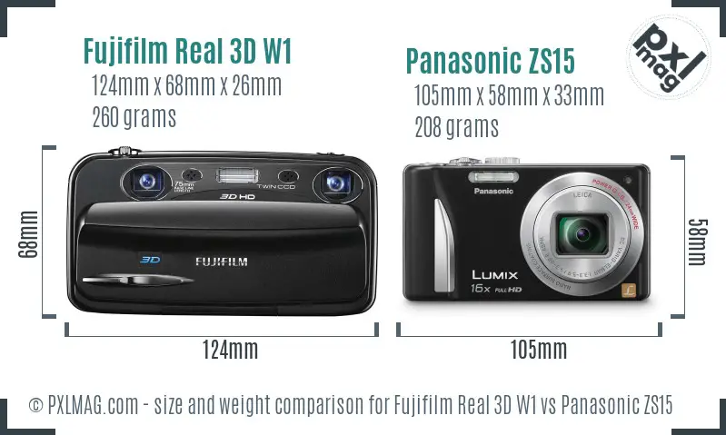 Fujifilm Real 3D W1 vs Panasonic ZS15 size comparison