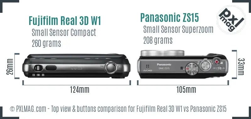 Fujifilm Real 3D W1 vs Panasonic ZS15 top view buttons comparison