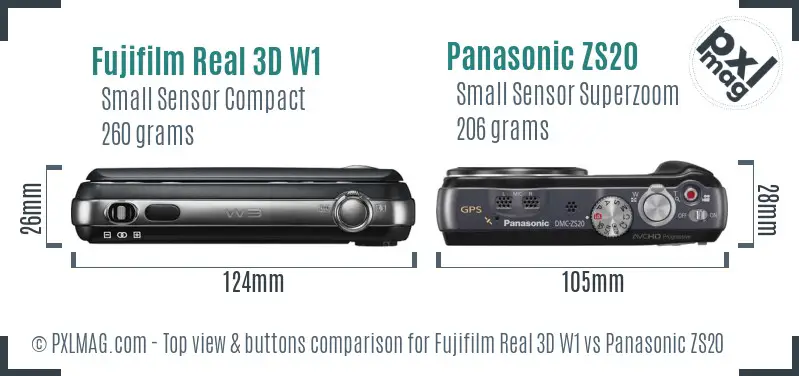 Fujifilm Real 3D W1 vs Panasonic ZS20 top view buttons comparison