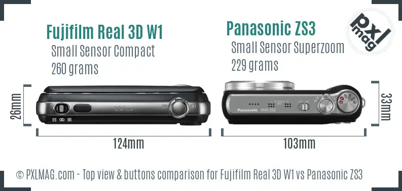 Fujifilm Real 3D W1 vs Panasonic ZS3 top view buttons comparison