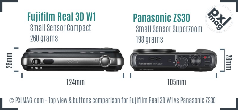 Fujifilm Real 3D W1 vs Panasonic ZS30 top view buttons comparison