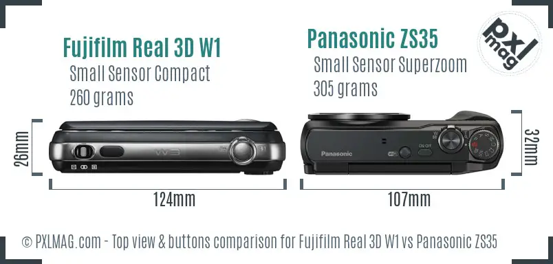Fujifilm Real 3D W1 vs Panasonic ZS35 top view buttons comparison