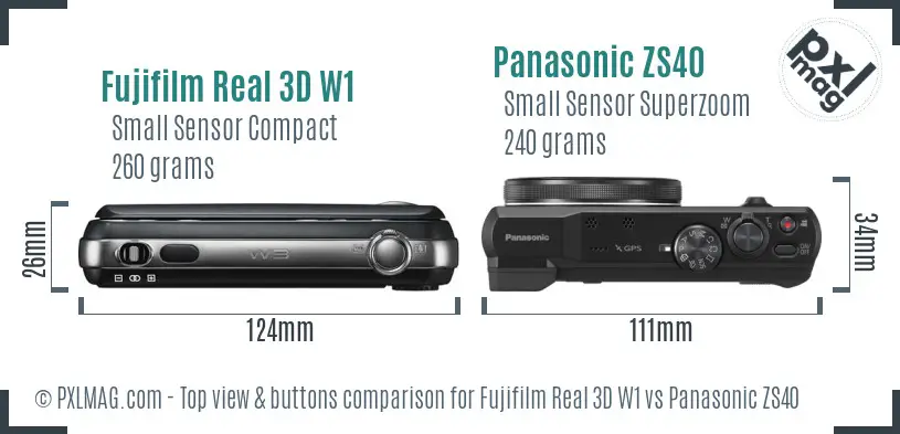 Fujifilm Real 3D W1 vs Panasonic ZS40 top view buttons comparison