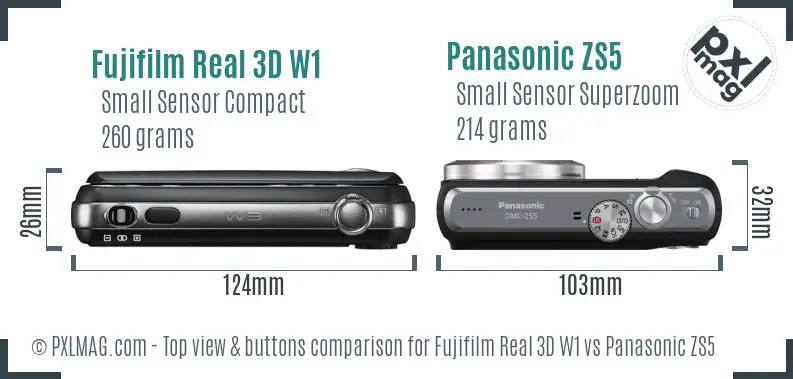 Fujifilm Real 3D W1 vs Panasonic ZS5 top view buttons comparison