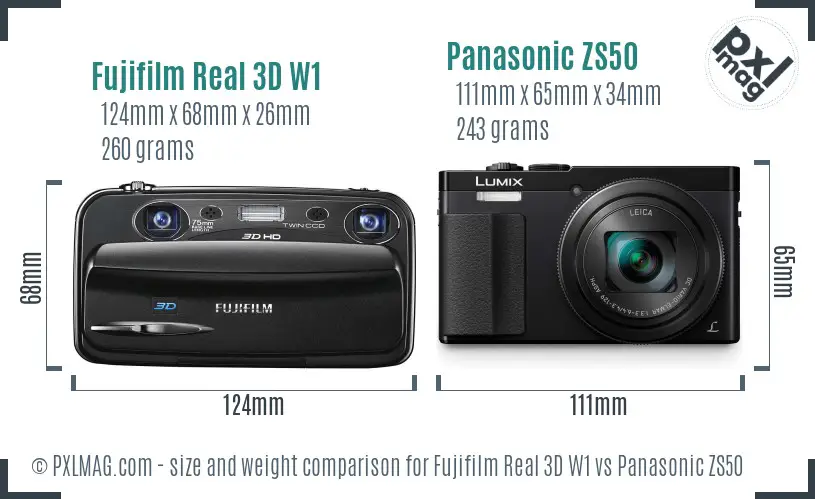 Fujifilm Real 3D W1 vs Panasonic ZS50 size comparison