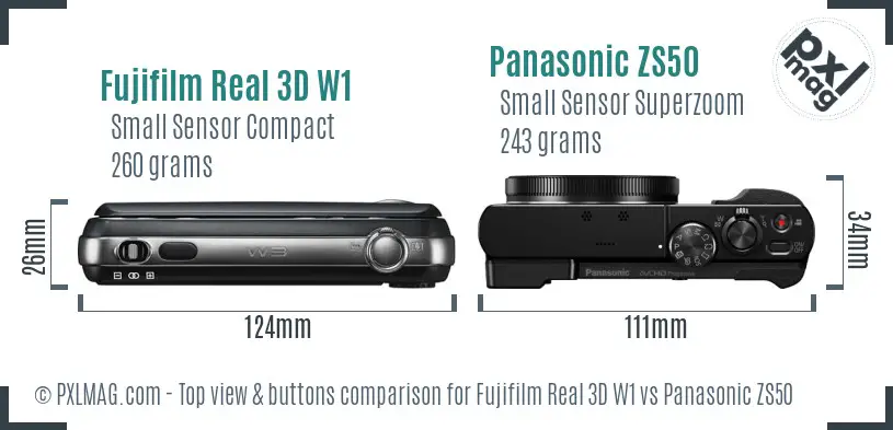 Fujifilm Real 3D W1 vs Panasonic ZS50 top view buttons comparison