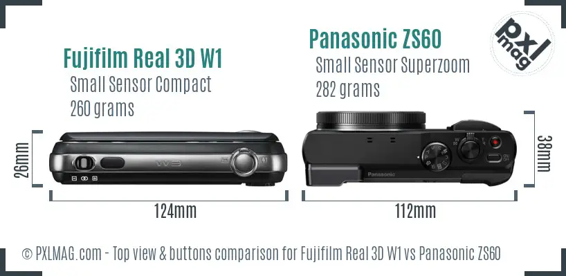 Fujifilm Real 3D W1 vs Panasonic ZS60 top view buttons comparison Fujifilm Real 3D W1 vs Panasonic ZS60 top view buttons comparison