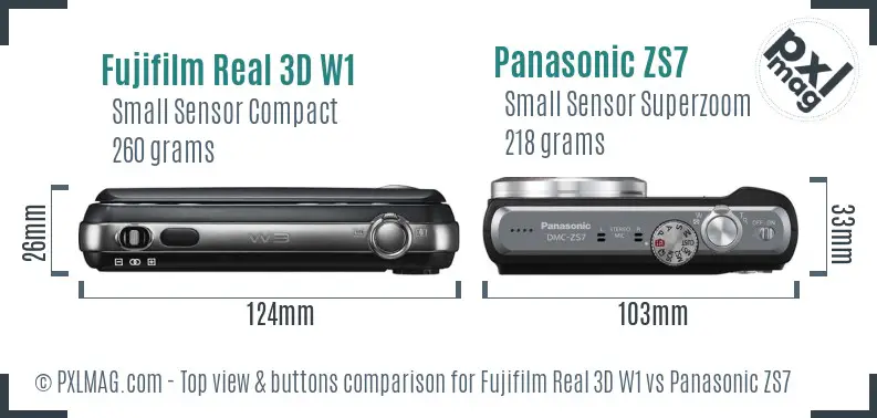 Fujifilm Real 3D W1 vs Panasonic ZS7 top view buttons comparison