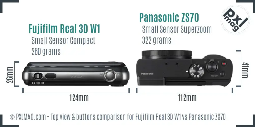 Fujifilm Real 3D W1 vs Panasonic ZS70 top view buttons comparison