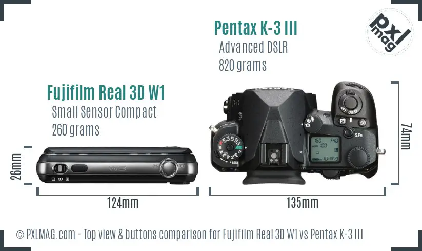Fujifilm Real 3D W1 vs Pentax K-3 III top view buttons comparison