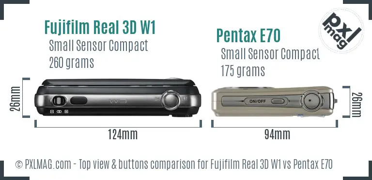 Fujifilm Real 3D W1 vs Pentax E70 top view buttons comparison