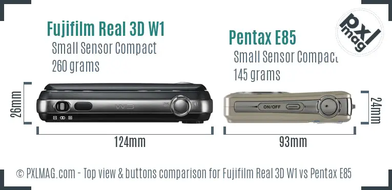 Fujifilm Real 3D W1 vs Pentax E85 top view buttons comparison