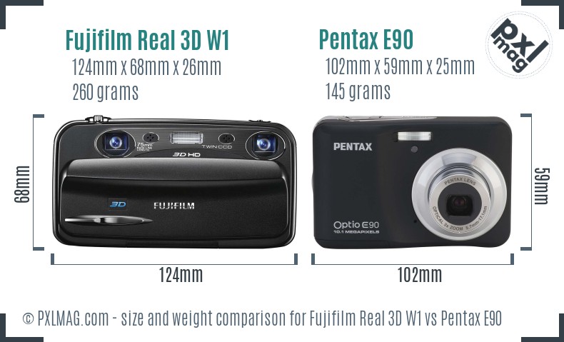 Fujifilm Real 3D W1 vs Pentax E90 size comparison