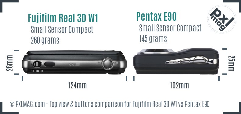 Fujifilm Real 3D W1 vs Pentax E90 top view buttons comparison