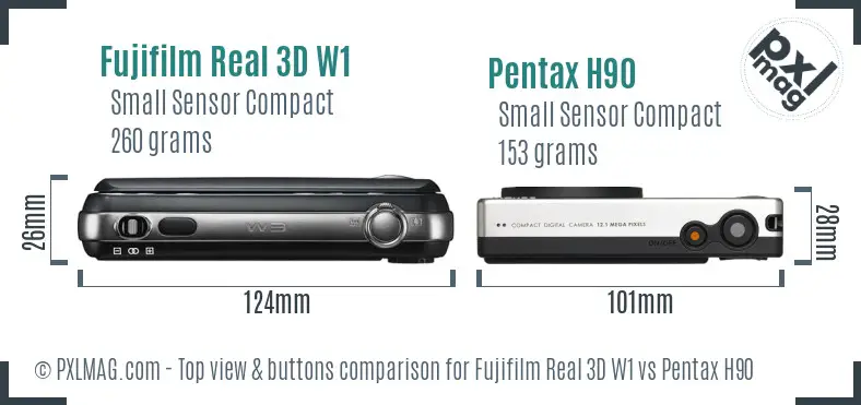 Fujifilm Real 3D W1 vs Pentax H90 top view buttons comparison