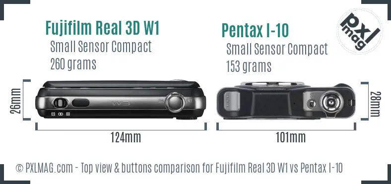 Fujifilm Real 3D W1 vs Pentax I-10 top view buttons comparison