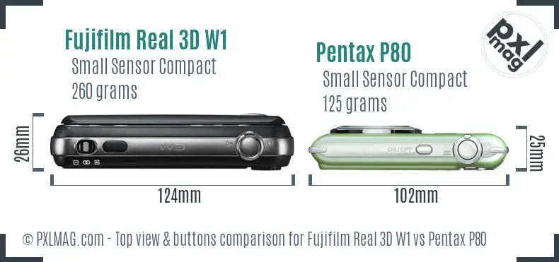 Fujifilm Real 3D W1 vs Pentax P80 top view buttons comparison