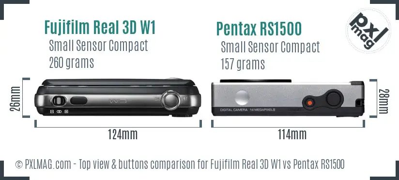 Fujifilm Real 3D W1 vs Pentax RS1500 top view buttons comparison Fujifilm Real 3D W1 vs Pentax RS1500 top view buttons comparison