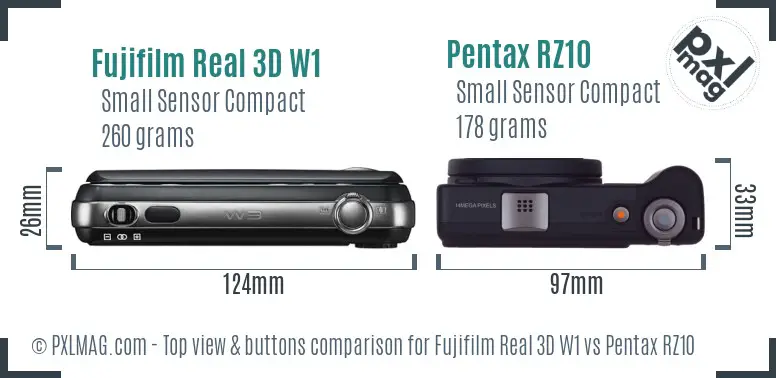 Fujifilm Real 3D W1 vs Pentax RZ10 top view buttons comparison