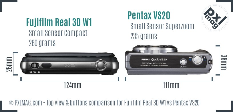 Fujifilm Real 3D W1 vs Pentax VS20 top view buttons comparison