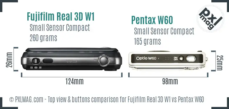 Fujifilm Real 3D W1 vs Pentax W60 top view buttons comparison Fujifilm Real 3D W1 vs Pentax W60 top view buttons comparison