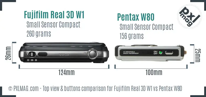 Fujifilm Real 3D W1 vs Pentax W80 top view buttons comparison