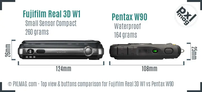 Fujifilm Real 3D W1 vs Pentax W90 top view buttons comparison
