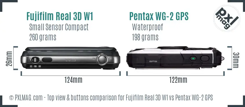 Fujifilm Real 3D W1 vs Pentax WG-2 GPS top view buttons comparison