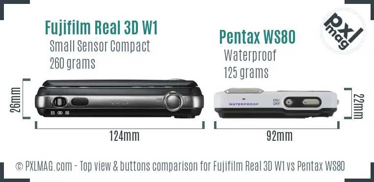 Fujifilm Real 3D W1 vs Pentax WS80 top view buttons comparison