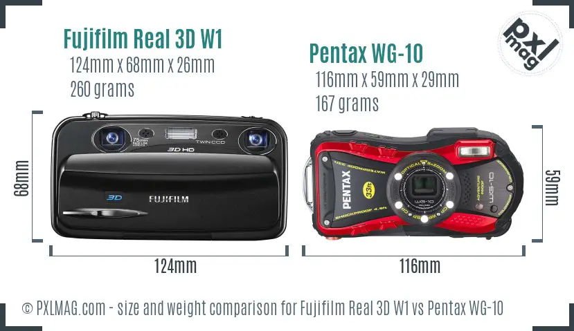 Fujifilm Real 3D W1 vs Pentax WG-10 size comparison
