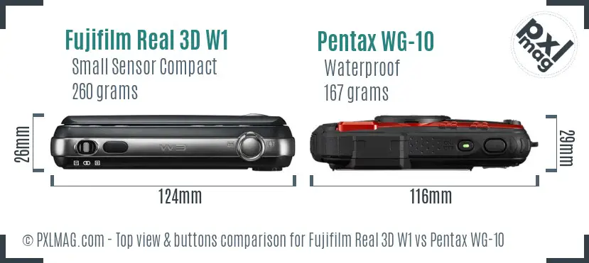 Fujifilm Real 3D W1 vs Pentax WG-10 top view buttons comparison